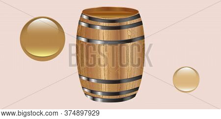 Beautiful Barrel With A Hoop, Decorative Drops - Illustration, Vector. Banner.