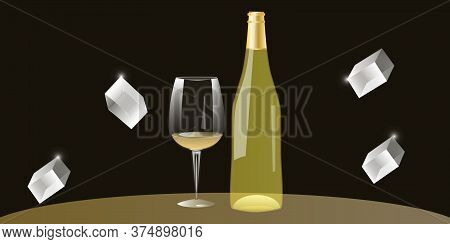 Glass Of Wine, A Bottle Of White Wine, Pieces Of Ice - Illustration, Vector. Banner.