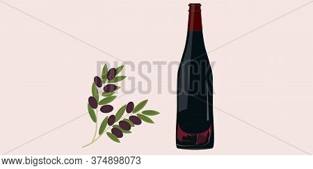 Bottle Of Red Wine, A Branch With Olives - Illustration, Vector. Banner.