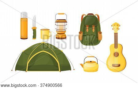 Camping Equipment Flat Color Vector Objects Set. Local Travel Essentials And Gear. Ecotourism And Ba