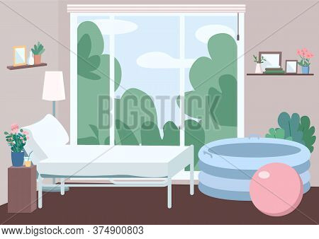 Room For Home Childbirth Flat Color Vector Illustration. Bed For Mother. Apartment In Family Center.