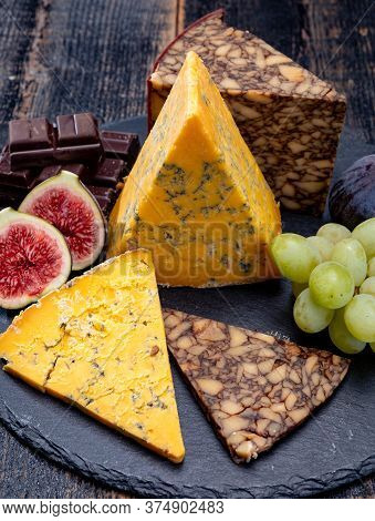 British And Irish Cheeses, Tasting Plate With Blue Shropshire, Brown Porter Cheese And Smoked Chedda