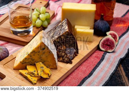 British And Irish Cheeses, Tasting Plate With Blue Shropshire, Brown Porter Cheese And Smoked Chedda