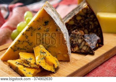 British And Irish Cheeses, Tasting Plate With Blue Shropshire, Brown Porter Cheese And Smoked Chedda