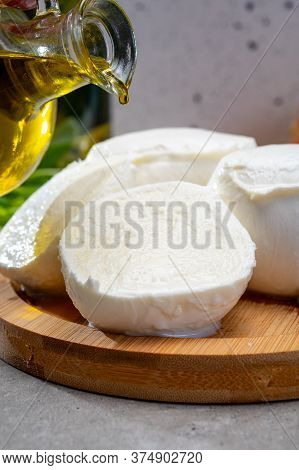 Fresh Handmade Soft Italian Cheese From Campania, White Balls Of Buffalo Mozzarella Cheese Made From