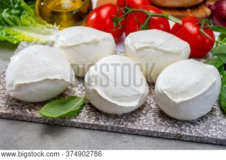 Fresh Handmade Soft Italian Cheese From Campania, White Balls Of Buffalo Mozzarella Cheese Made From