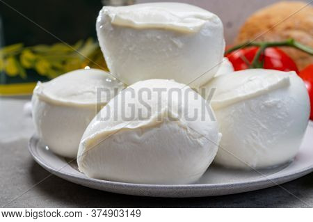 Fresh Handmade Soft Italian Cheese From Campania, White Balls Of Buffalo Mozzarella Cheese Made From