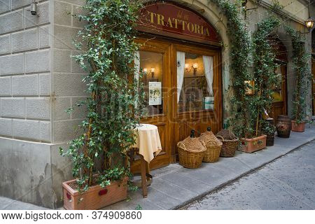 Florence, Italy - September 19, 2017: Facade Of Old Trattoria Close-up