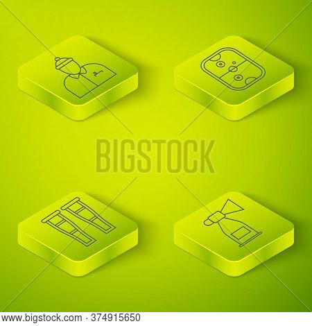 Set Isometric Air Hockey Table, Crutch Or Crutches, Air Horn And Hockey Coach Icon. Vector