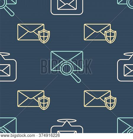 Set Line Speech Bubble With Envelope, Envelope With Shield And Envelope With Magnifying Glass On Sea