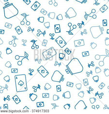 Set Line Playing Card With Spades, Wallet And Casino Slot Machine With Cherry On Seamless Pattern. V