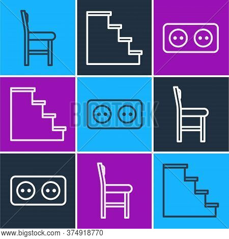 Set Line Chair, Electrical Outlet And Staircase Icon. Vector