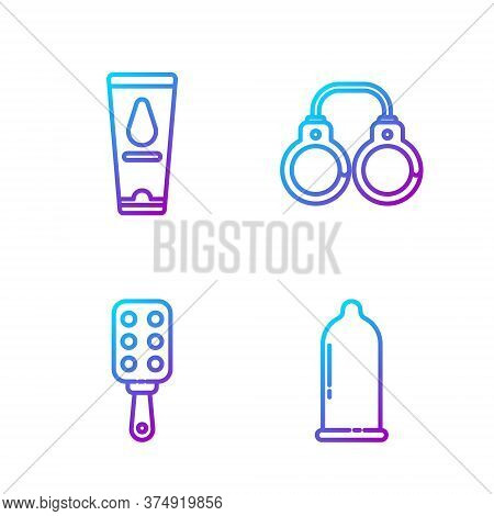 Set Line Condom, Spanking Paddle, Personal Lubricant And Sexy Fluffy Handcuffs. Gradient Color Icons