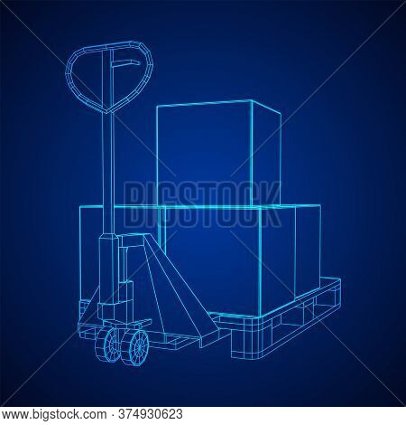 Hand Pallet Jack Lift With Pallet And Stacked Goods Cardboard Boxes. Manual Forklift. Logistics Ship