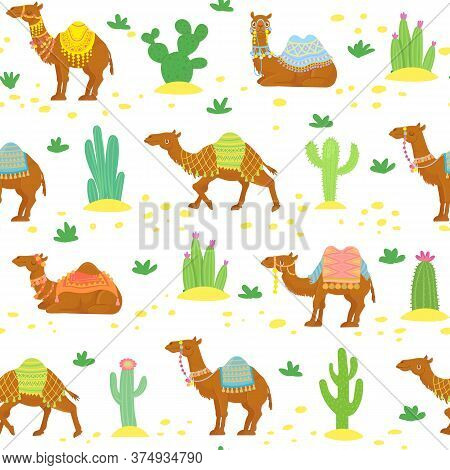Camel Seamless Pattern. Cute Cartoon Desert Camels Among Cactuses. Egyptian Ethnic Vector Wallpaper 