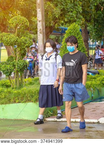 Kanchanaburi,thailand-july 2,2020:thai Students Wear Various Medical Masks To Prevent Themselves Fro