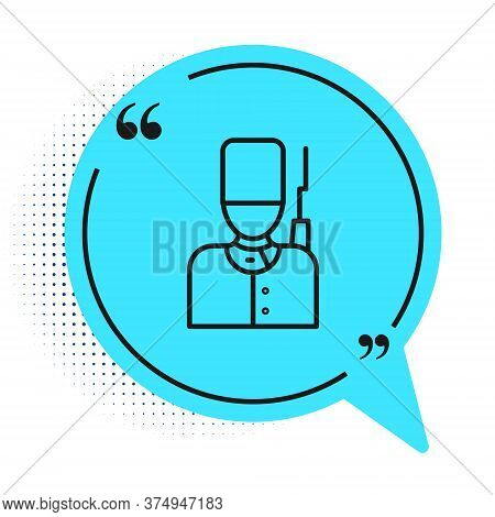 Black Line British Guardsman With Bearskin Hat Marching Icon Isolated On White Background. Blue Spee