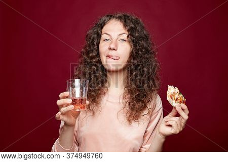 Mmm, So Delicious! Curly Haired Pretty Woman Eats Slice Of Italian Pizza, Keeps Tongue Out From Plea