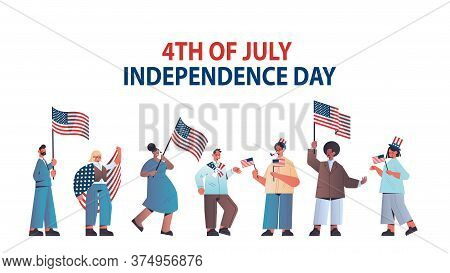 Mix Race People Holding United States Flags Celebrating American Independence Day Holiday 4th Of Jul