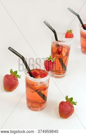 Mexican Strawberry Water - Agua De Fresa. Closeup Of Fresh Strawberry Water Fruit And Strawberry Jui