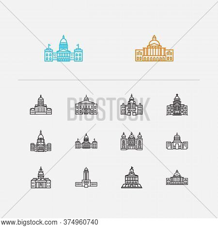 Us Capitols Icons Set. Congress And Us Capitols Icons With Exterior, Lowa State Capitol And Massachu