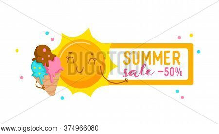 Summer Sale Banner With Cute Sun Eating Ice Cream. Cartoon Character, Kawaii Personage Enjoying Summ