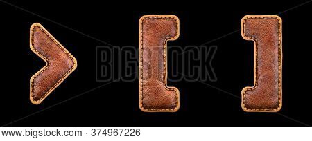 Set of symbols right angle bracket, left and right bracket made of leather. 3D render font with skin texture isolated on black background. 3d rendering