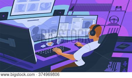 Gamer Boy Playing Online Network Computer Games At Cybersport Competition. Streamer Playing Shooter 