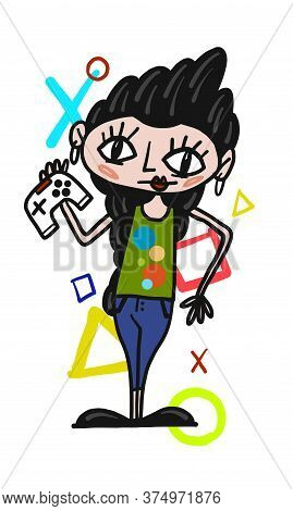 Game Girl With Console. Colorful Vector Illustration.