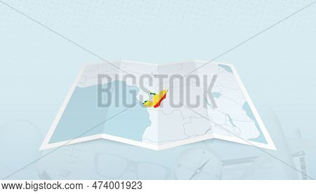 Map Of Congo With The Flag Of Congo In The Contour Of The Map On A Trip Abstract Backdrop. Travel Il