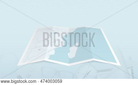 Map Of Comoros With The Flag Of Comoros In The Contour Of The Map On A Trip Abstract Backdrop. Trave