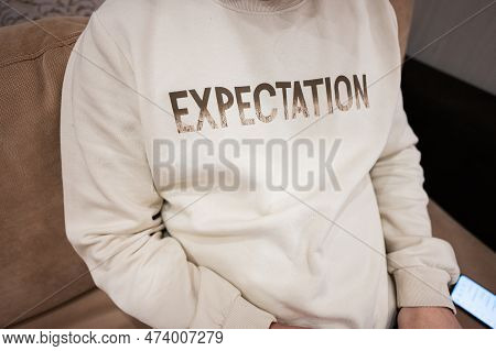 Expectation Word On Jamper Man While Working By Laptop.
