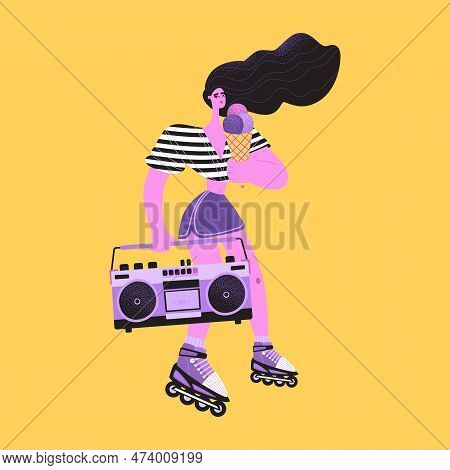 Cute Girl On Roller Skates With Ice Cream And Tape Recorder. Entertainment In Retro Style. Lifestyle