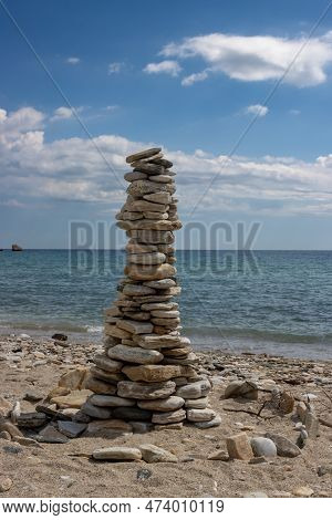 Towers Made Of Beach Pebbles As A Speciality Of This Beach, Where Are Many Of Them. Calm Thracian Se