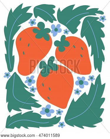 Absract Poster With Retro Strawberry And Flowers, Leaf On Isolated Background. Modern Poster.