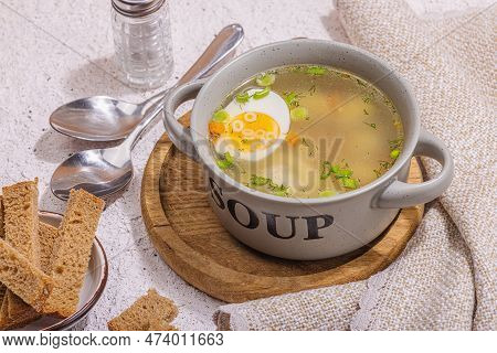 Meatball Soup With Boiled Egg, Ditalini Pasta, Vegetables And Fresh Herbs. Healthy Chicken Broth