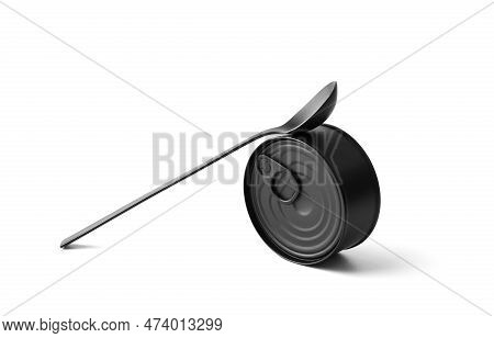 Black Matte Round Closed Tin Can And Black Spoon On A White Background Isolated, Tinned Food, Canned