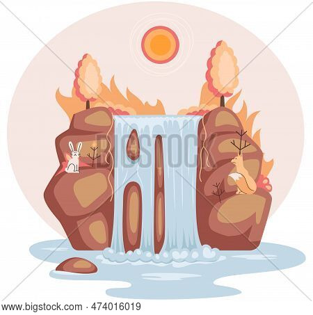 Burning Forest And Waterfall In Fire Flames, Nature Disaster Concept Danger, Careful With Fires In W