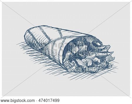 Burrito Kebab Fast Food Shawarma Sketch Obsolete Blue Style Vector Illustration. Old Hand Drawn Azur