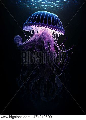Purple And Blue Jellyfish Dansing In The Dark Blue Ocean Under Water, Potrait Jellyfish Under Water 