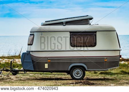 Caravan Trailer Camping On Coast, Spain.