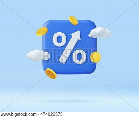 3d Percent Up Arrow Symbol Icon. Growth Concept, Market Analysis, Investment Or Interest Rate For A 