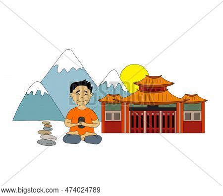 Horizontal Illustration. Asian Smiling Man Sits With Phone On The Background Of Mountain, Sun And Tr