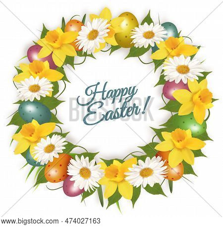 Happy Easter Background With Grass, Spring Flowers And Easter Eggs.  Easter Wreath With Colorful Egg