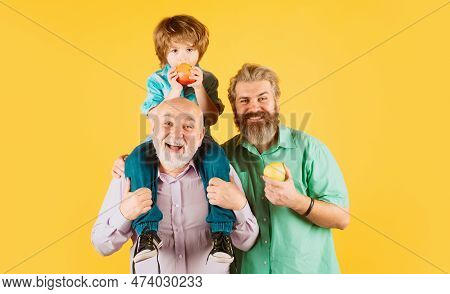 Male Multi Generation Portrait. Happy Three Age Multi Generation. Men Family Grandfather Father And 
