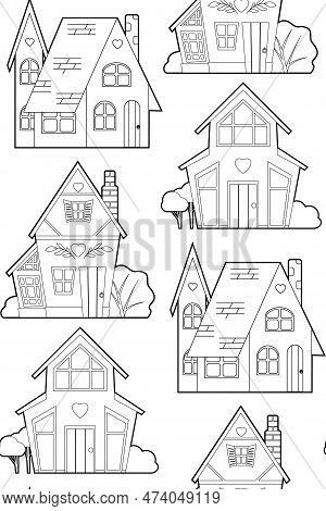 Vector Seamless Pattern With A Contour Country Houses On White Background. Monochrome Texture With O