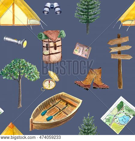 Watercolor Camping Seamless Dark Background Pattern, Adventure Outdoor Tourist Backpack Tent Wallpap