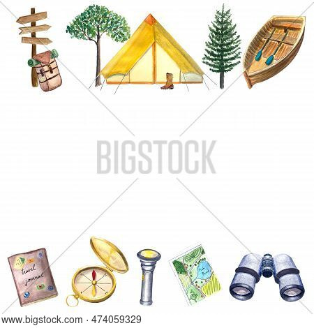 Watercolor Adventure Set Horizontal Frame, Outdoor Tourist Backpack Boat Symbols