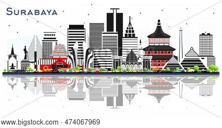 Surabaya Indonesia Skyline With Gray Buildings And Reflections Isolted On White. Vector Illustration