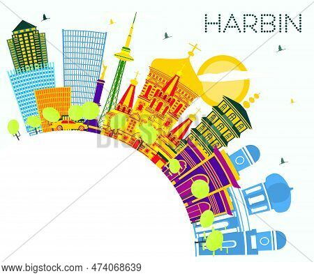 Harbin China City Skyline With Color Buildings, Blue Sky And Copy Space. Vector Illustration. Busine